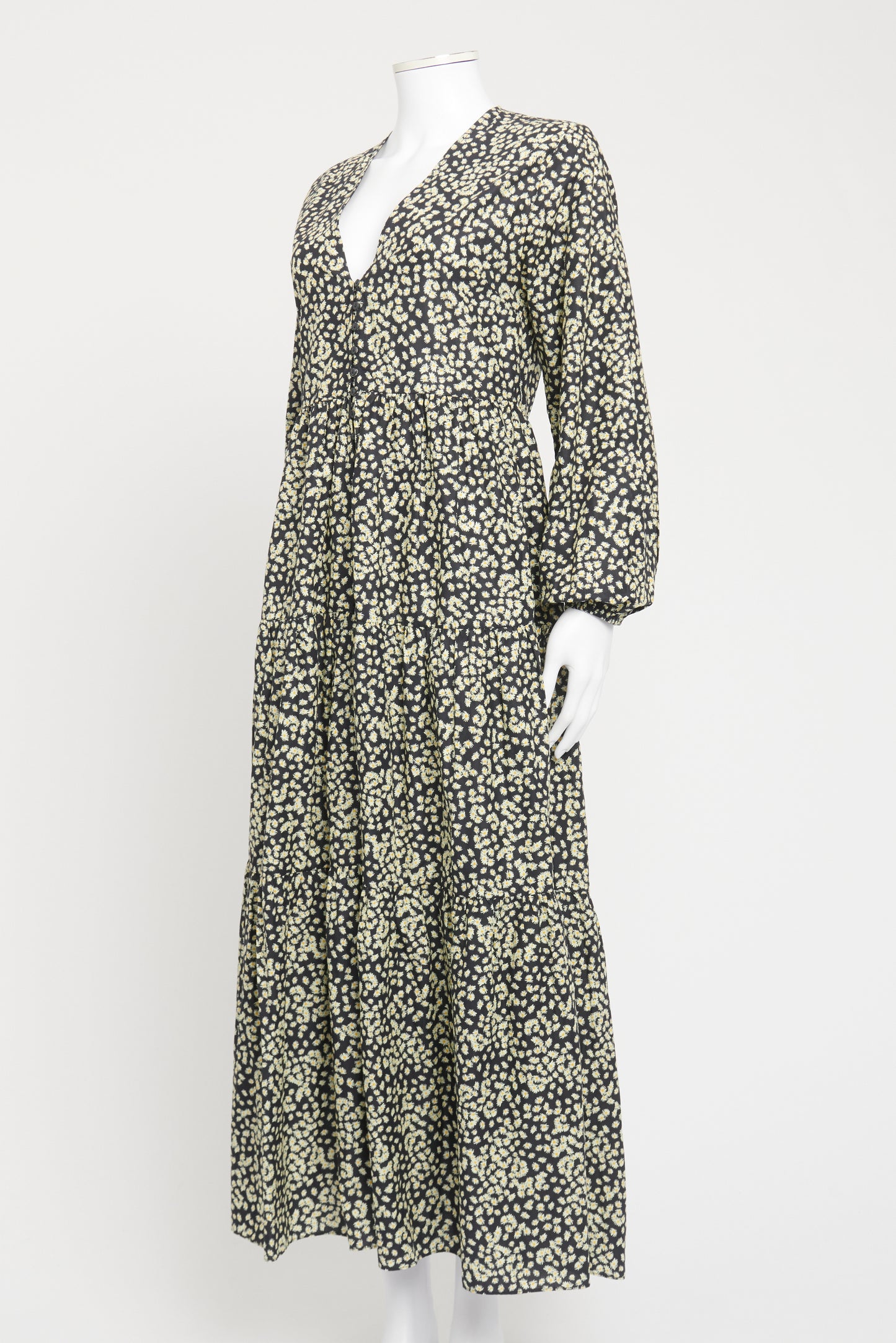 Black Cotton Poplin Preowned Printed Tiered Maxi Dress
