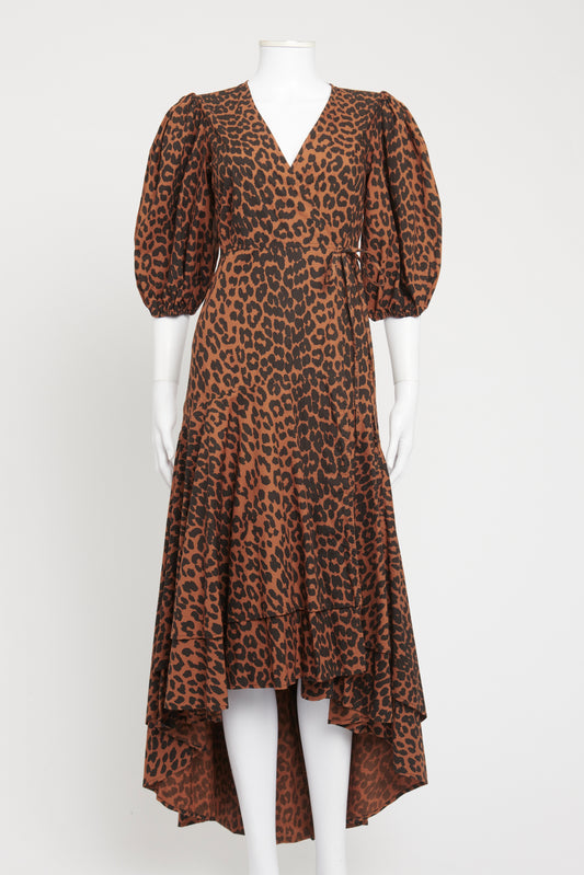 Brown Cotton Preowned Leopard Print Wrap Midi Dress