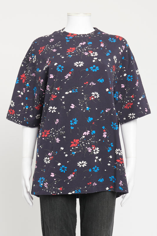 Navy Floral Cotton Blend Preowned Crew Neck T-shirt
