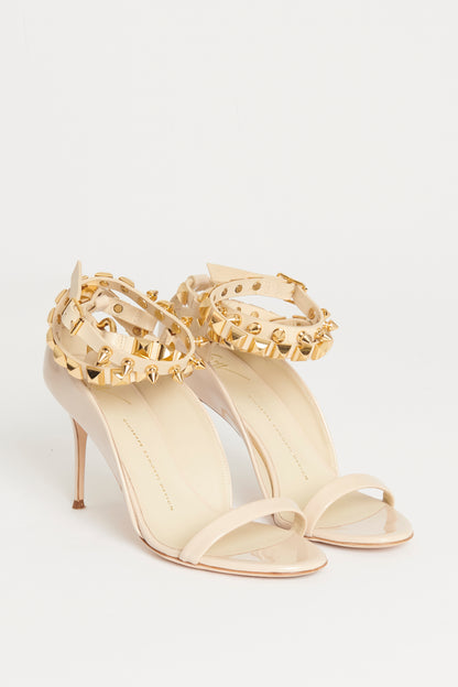 Nude Patent Leather Preowned Studded Ankle Tie Sandals