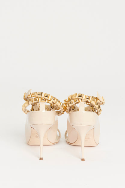 Nude Patent Leather Preowned Studded Ankle Tie Sandals