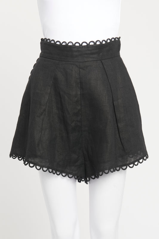 Black Linen Preowned Allia Scalloped Shorts