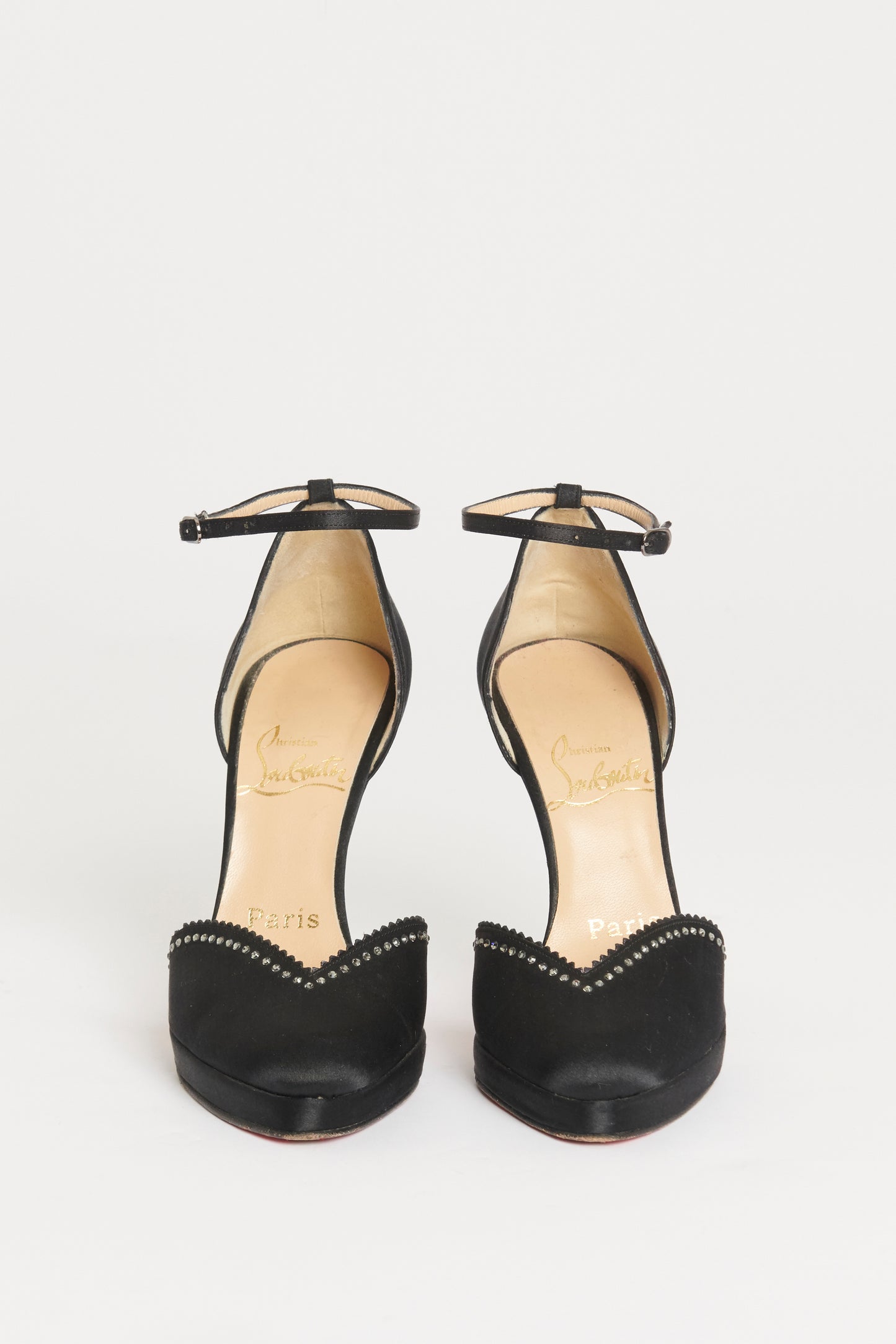 Black Satin Preowned Crystal Embellished Pumps