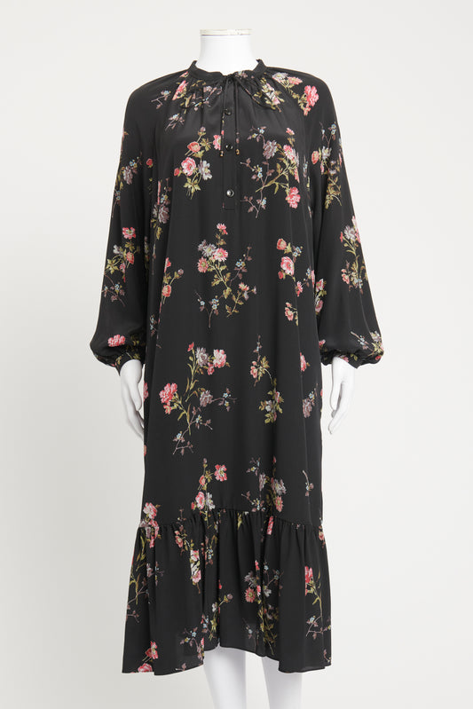 Black Silk Preowned Floral Midi Smock Dress