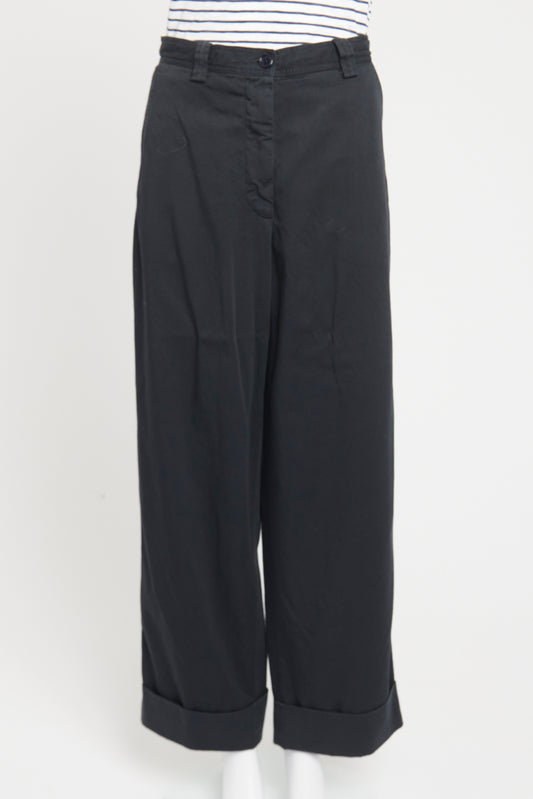 Navy Cotton Twill Preowned Wide Leg Cuffed Trousers