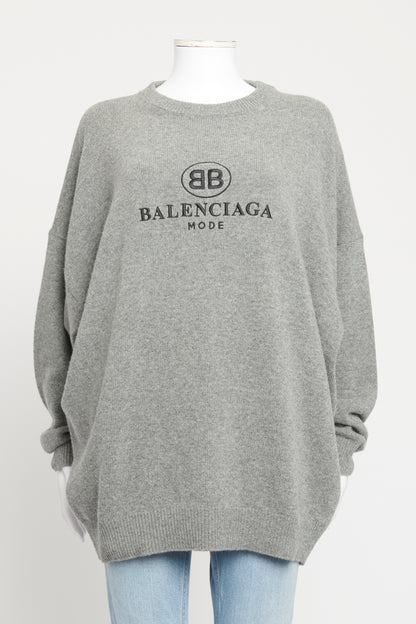 Grey Wool Blend Preowned Oversized Logo Jumper