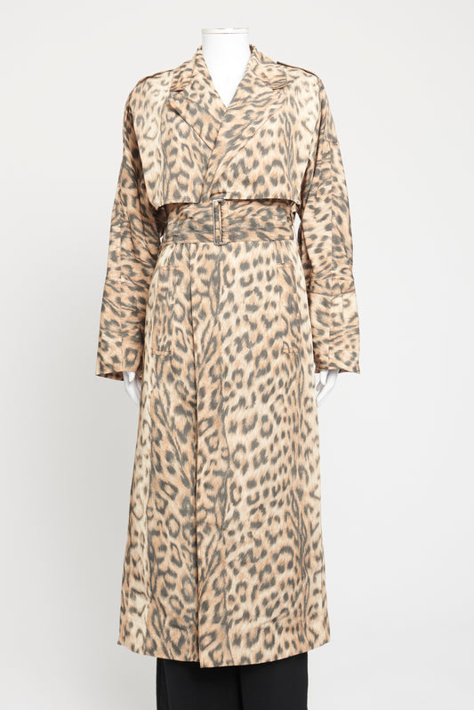Beige Polyester Preowned Leopard Print Trench Coat