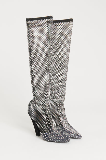 2022 Black Mesh 68 Preowned Diamante Over the Knee Boots