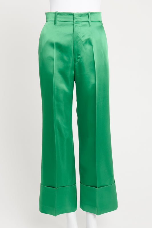 2016 Green Satin Folded Hems Preowned Straight Pants