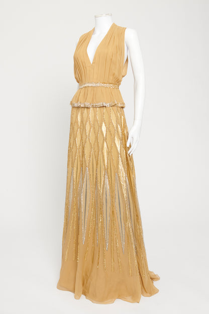 Gold Silk Preowned Halterneck Fil Coupe Maxi Dress