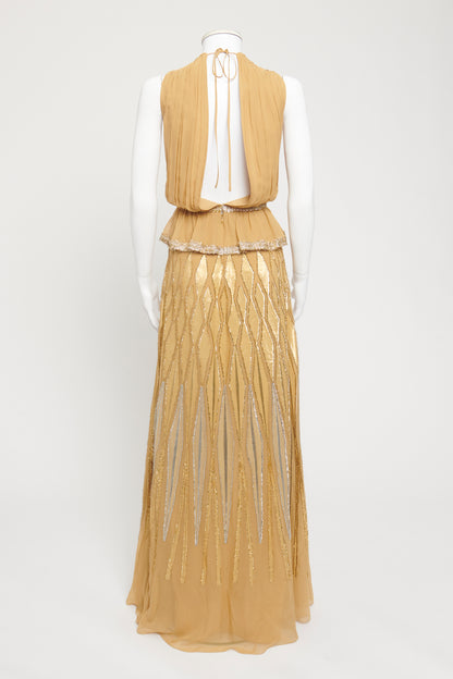Gold Silk Preowned Halterneck Fil Coupe Maxi Dress