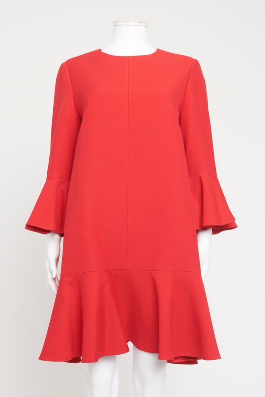Red Wool Blend Preowned Ruffled Mini Dress