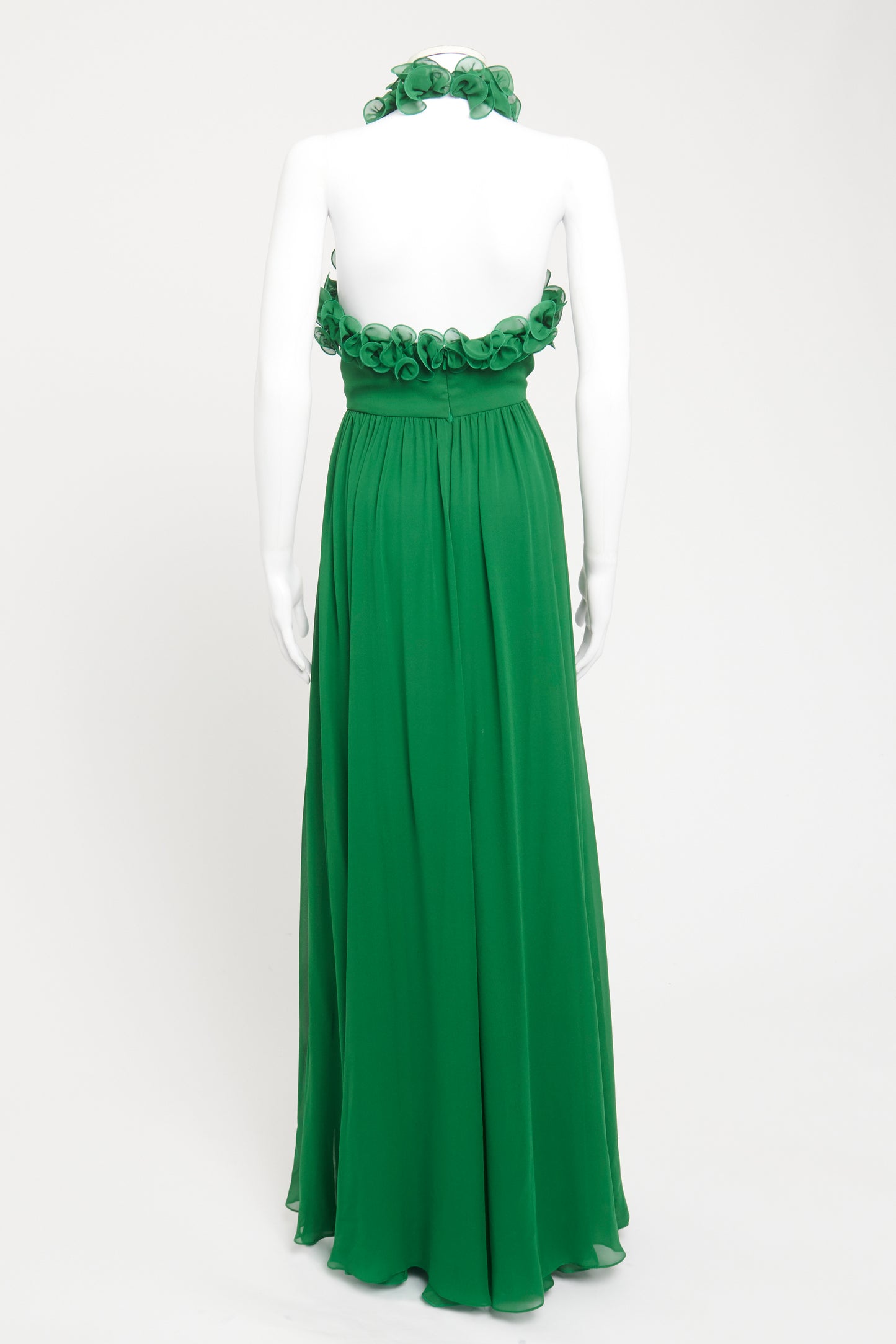Green Silk Preowned High Neck Ruffle Maxi Dress