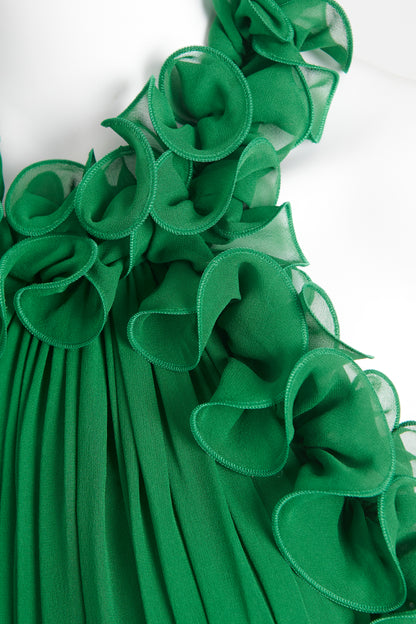 Green Silk Preowned High Neck Ruffle Maxi Dress