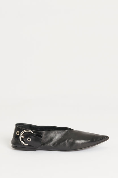 Black Leather Pointed Toe Preowned Flats