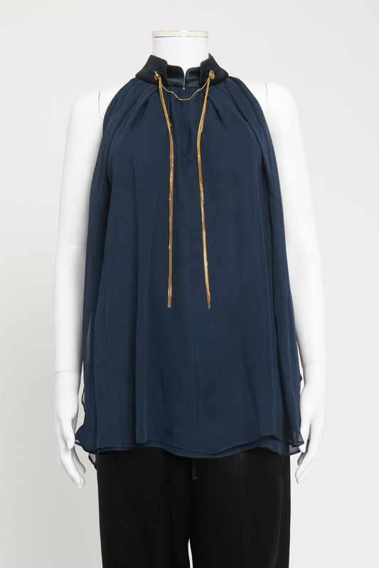 Navy Silk Preowned Necklace Draped Blouse