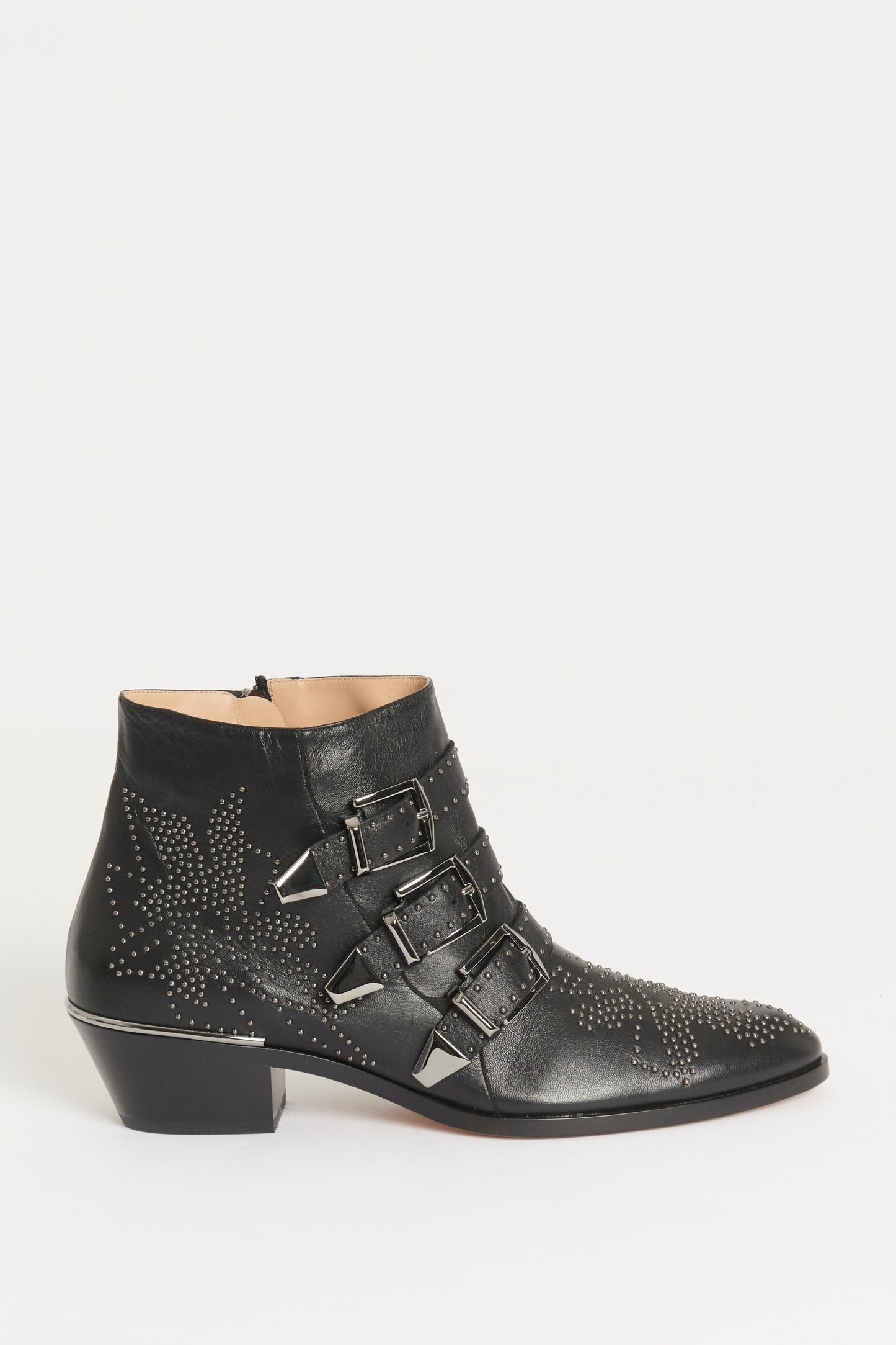 Black Leather Preowned Studded Susannah Ankle Boots
