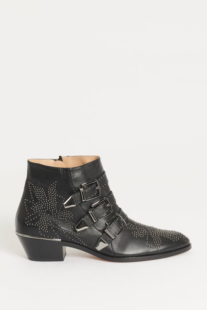 Black Leather Preowned Studded Susannah Ankle Boots