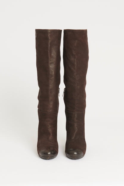 Brown Suede Preowned Buckle Knee High Boots
