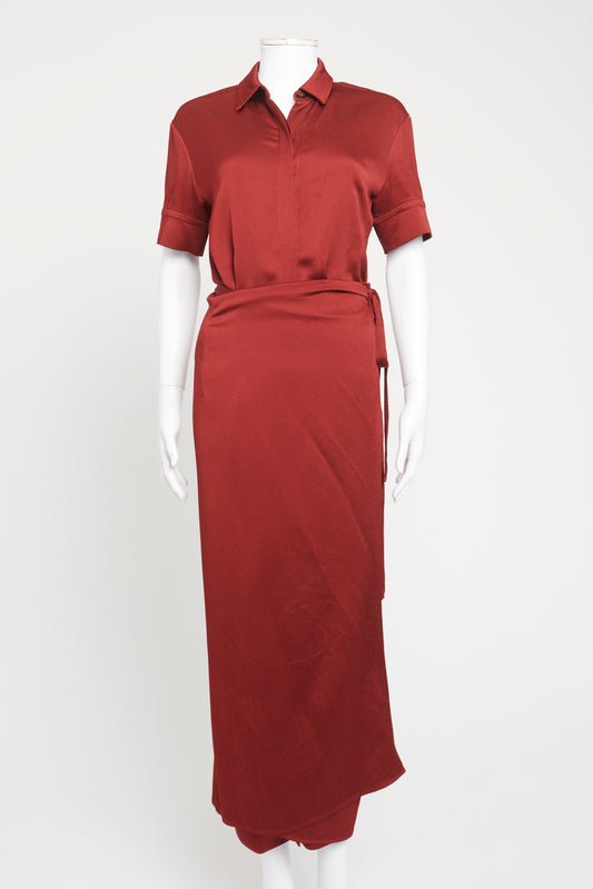 Red Viscose Preowned Midi Shirt Dress