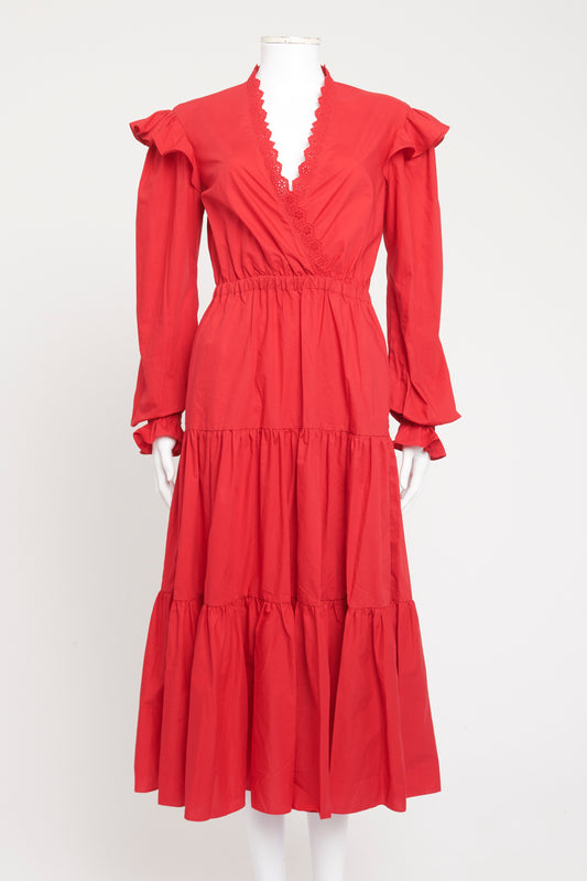 Red Cotton Preowned V-Neck Lace Midi Dress