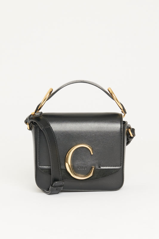 Black Leather Preowned Mini "C" Bag