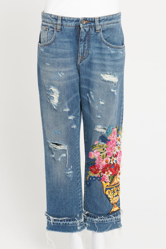 Blue Denim Preowned Floral Embroidered Capri Jeans