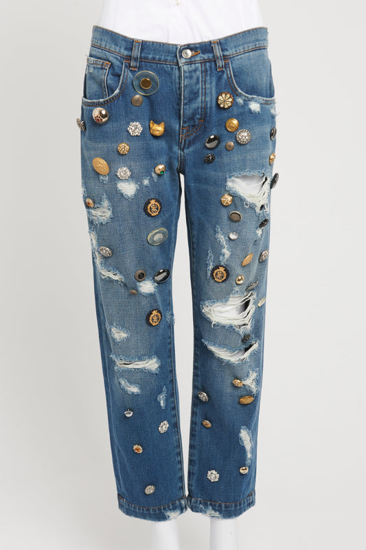 2017 Blue Cotton Preowned Embellished Button Jeans