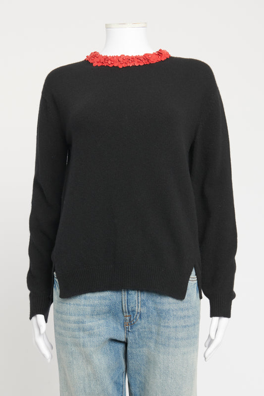 Black Wool Preowned Leather Floral Appliqué Jumper