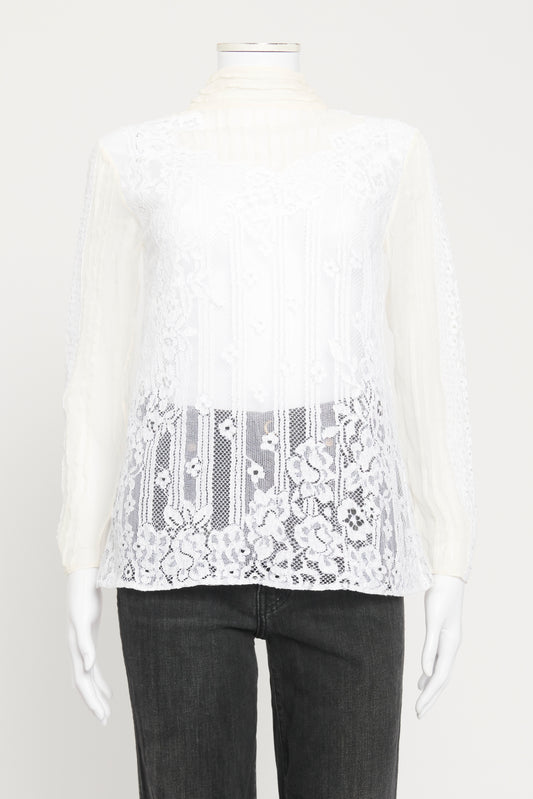 White Silk Preowned Lace Appliqué Edwardian Style Blouse