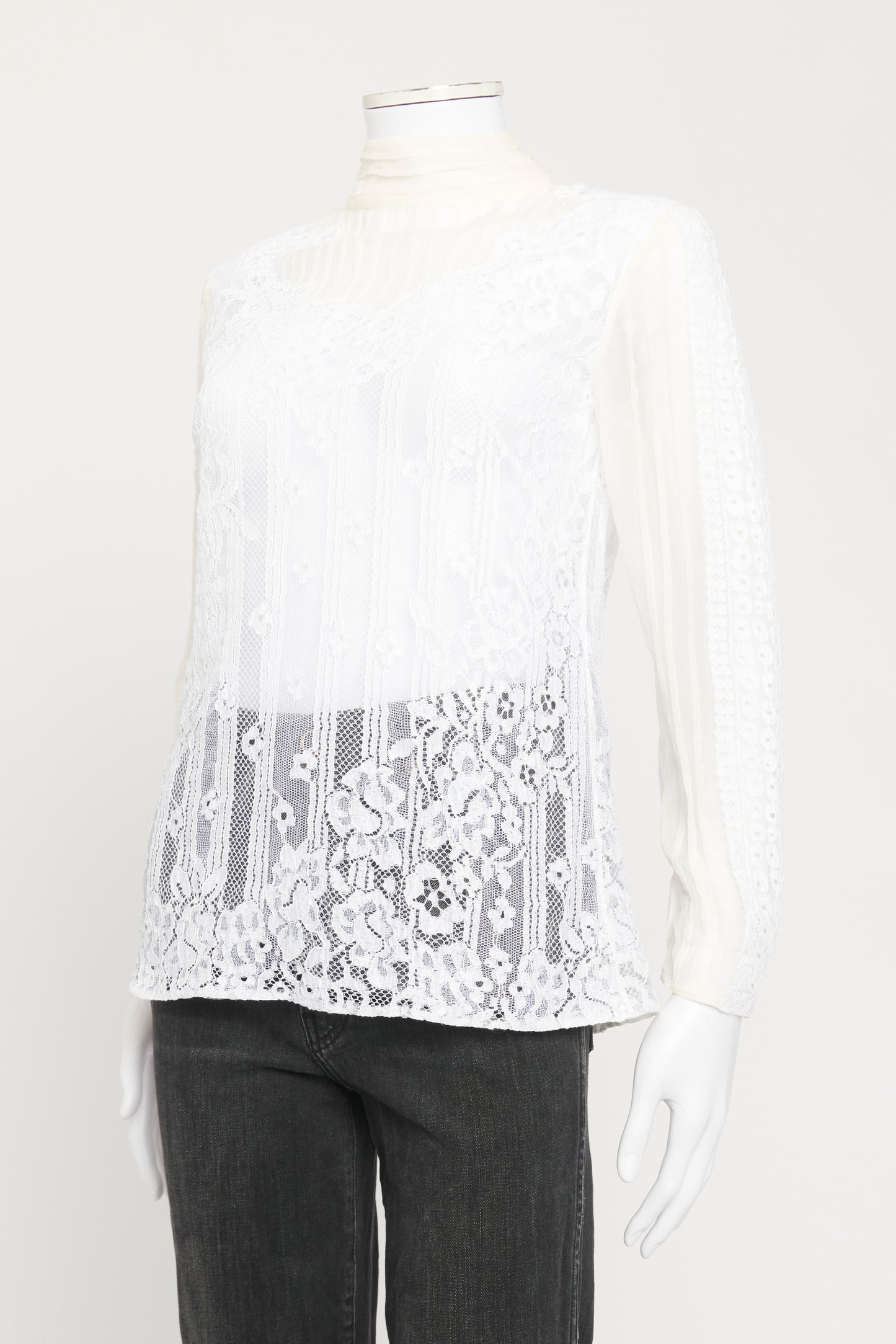 White Silk Preowned Lace Appliqué Edwardian Style Blouse