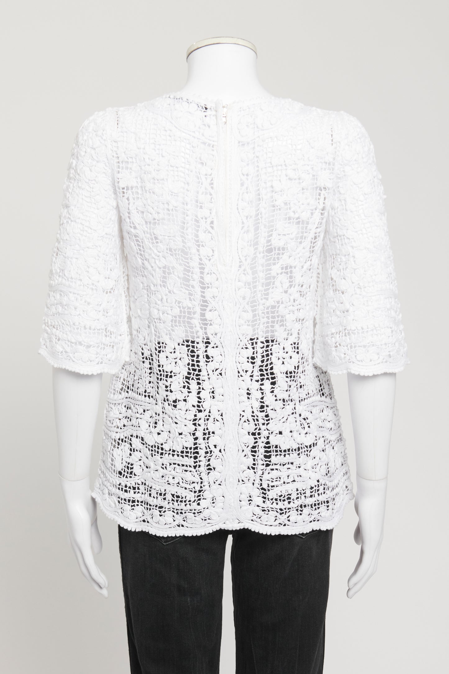 White Cotton Preowned Woven Lace Short Sleeved Blouse