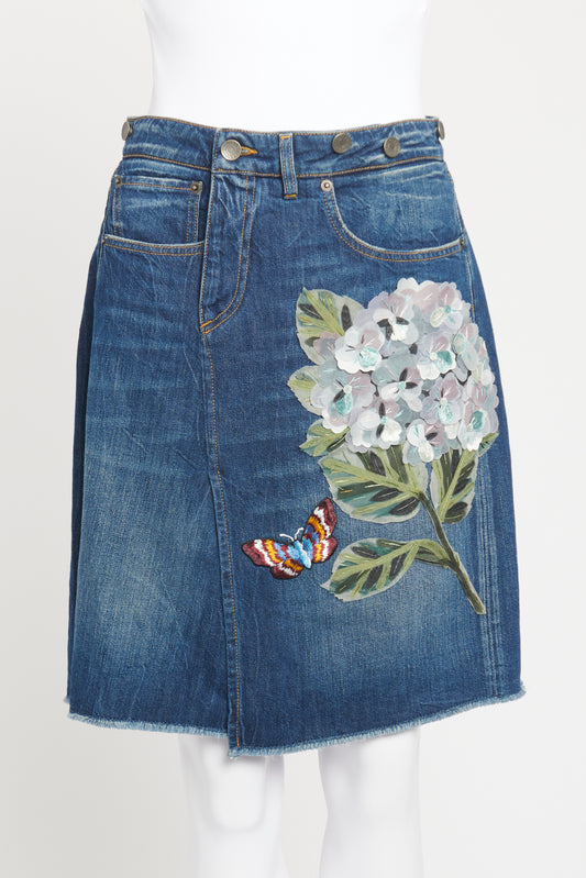 Blue Denim Preowned Floral Appliqué Mini Skirt