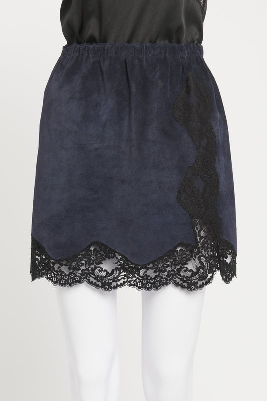 2015 Blue Suede Preowned Lace Trim Mini Skirt