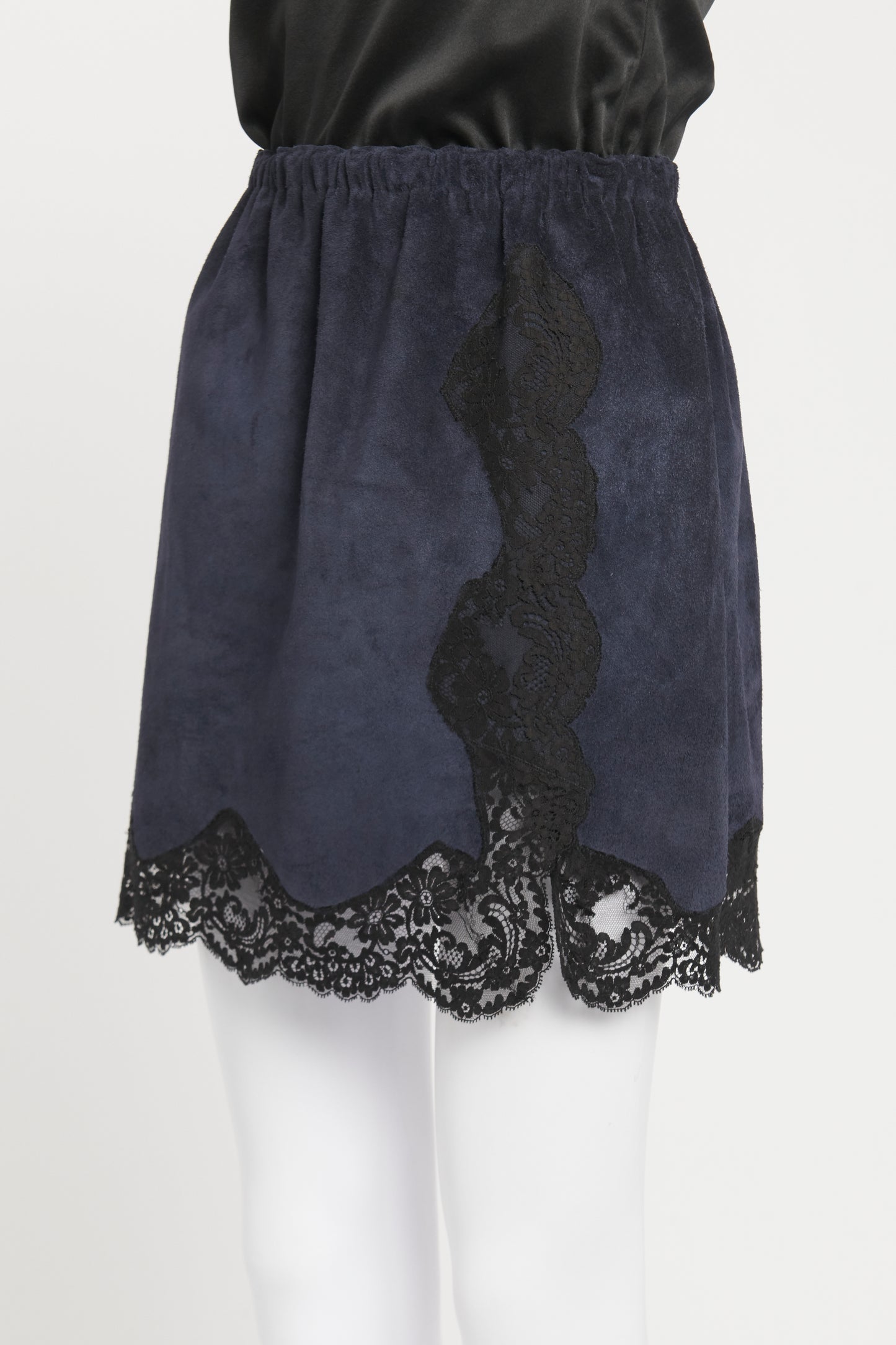 2015 Blue Suede Preowned Lace Trim Mini Skirt