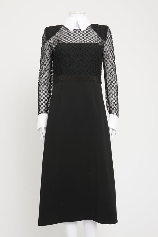 Black Viscose Blend Preowned Tulle Logo Jacquard Midi Dress