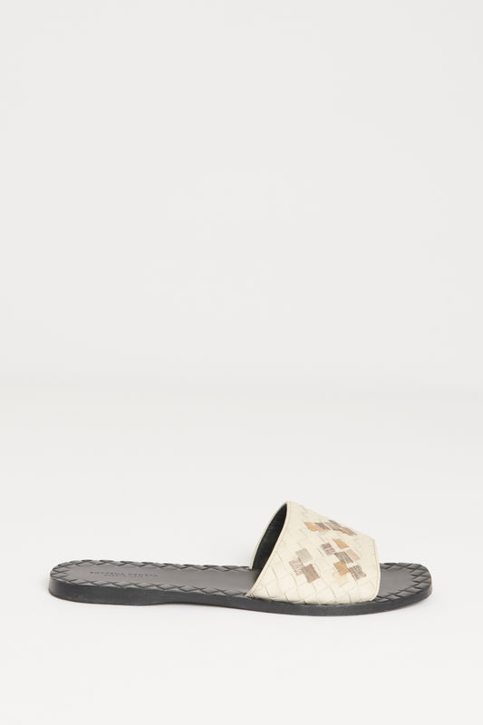 White Leather Intericato Preowned Flat Sandals