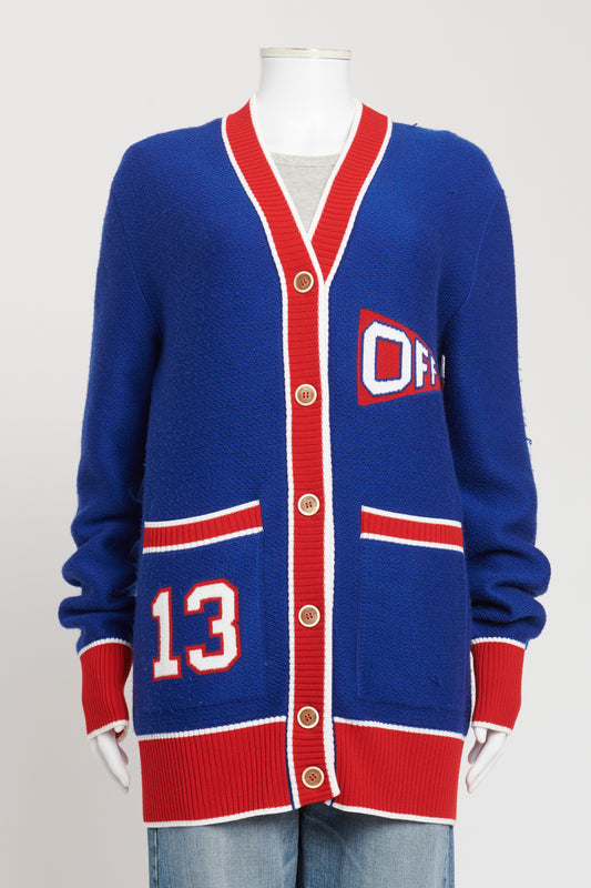 Blue Wool Preowned College Flag Button Up Cardigan