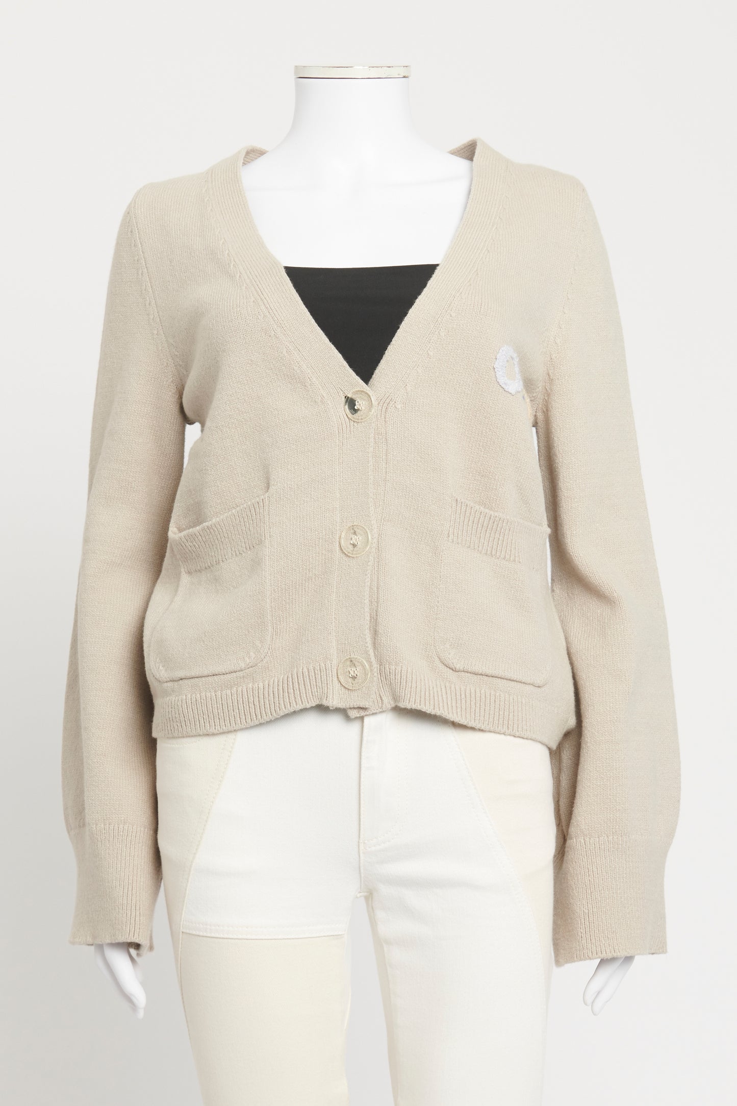 Taupe Cotton Blend Preowned Embroidered Cardigan