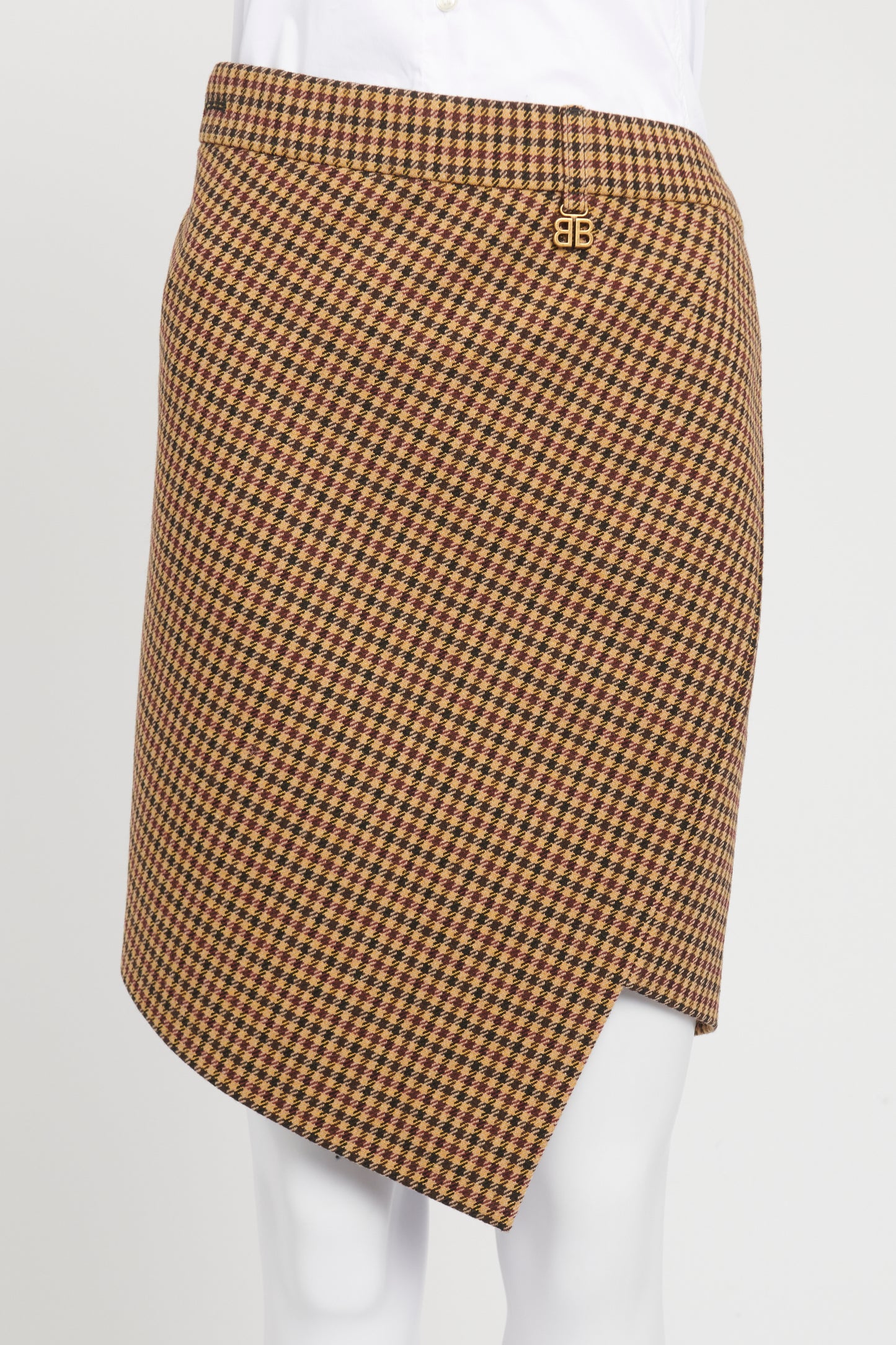 2020 Brown Check Preowned Wool Asymmetric Mini Skirt