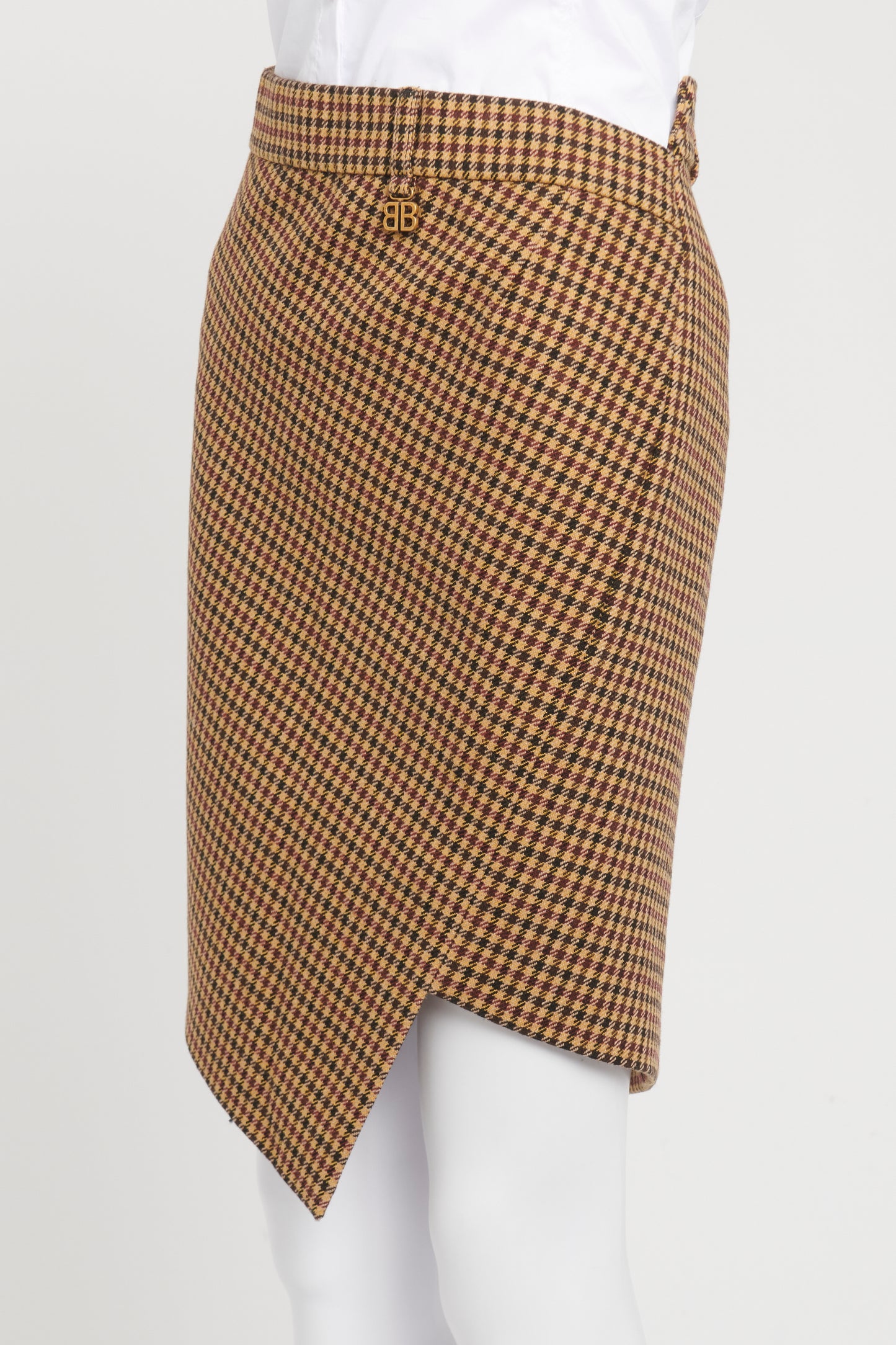 2020 Brown Check Preowned Wool Asymmetric Mini Skirt