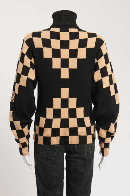 Black Wool and Cashmere Preowned Damier Pixel Illusion Turtle Neck Jumper