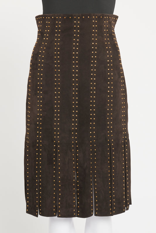 Brown Suede Preowned Studded Midi Skirt