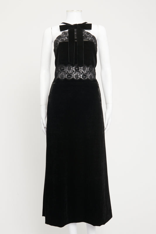2022 Black Velvet Preowned Lace Trimmed Halter Neck Dress
