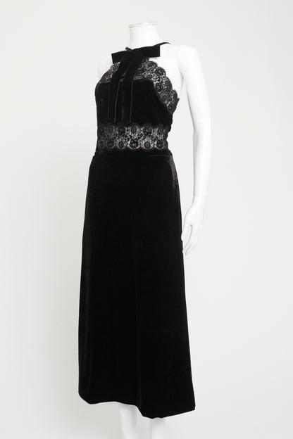 2022 Black Velvet Preowned Lace Trimmed Halter Neck Dress