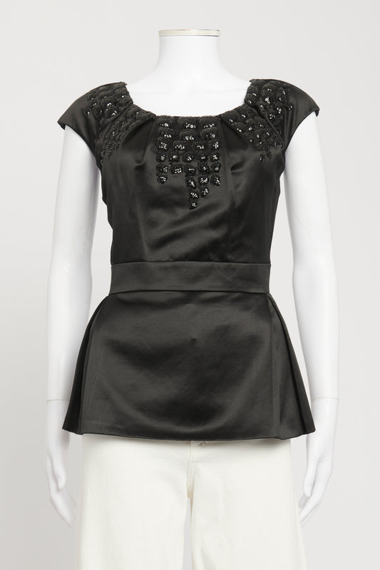 Black Cotton Blend Preowned Sequin Embellished Blouse