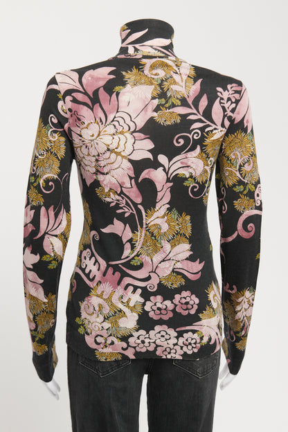 Black Wool And Silk Blend Preowned Turtle Neck Floral Top