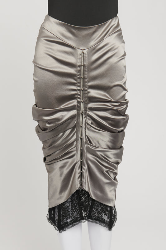 2004 Grey Satin Preowned Gathered Corset Style Midi Skirt