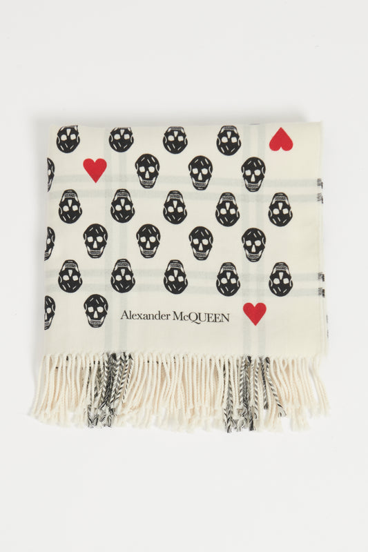 White Wool Blend Preowned Skull Motif Scarf