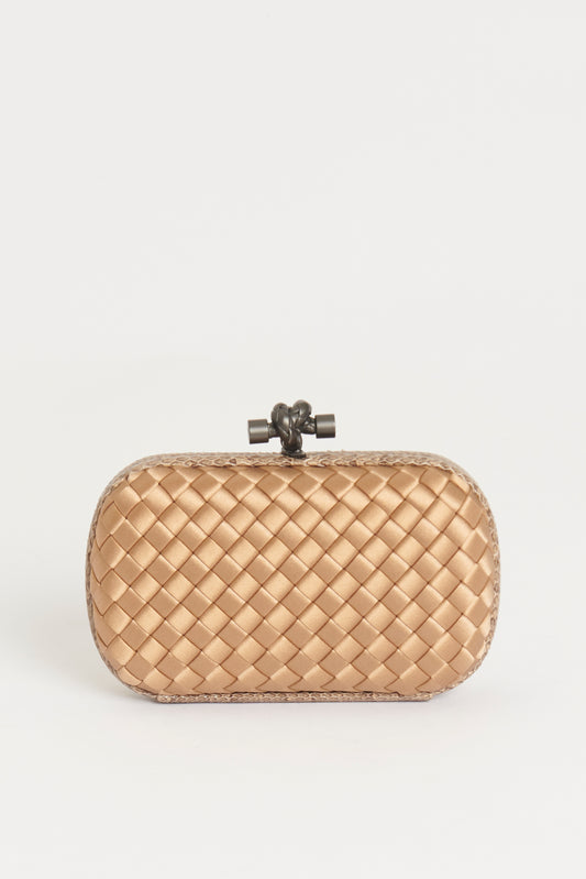Golden Brown Silk and Snakeskin Preowned Knot Clutch